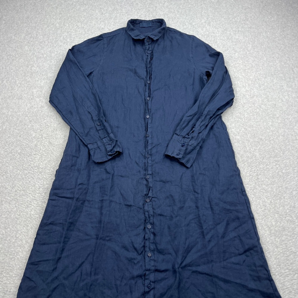 CP Shades Shirt Dress Womens Small Blue 100% Linen Collared Button Up Midi USA